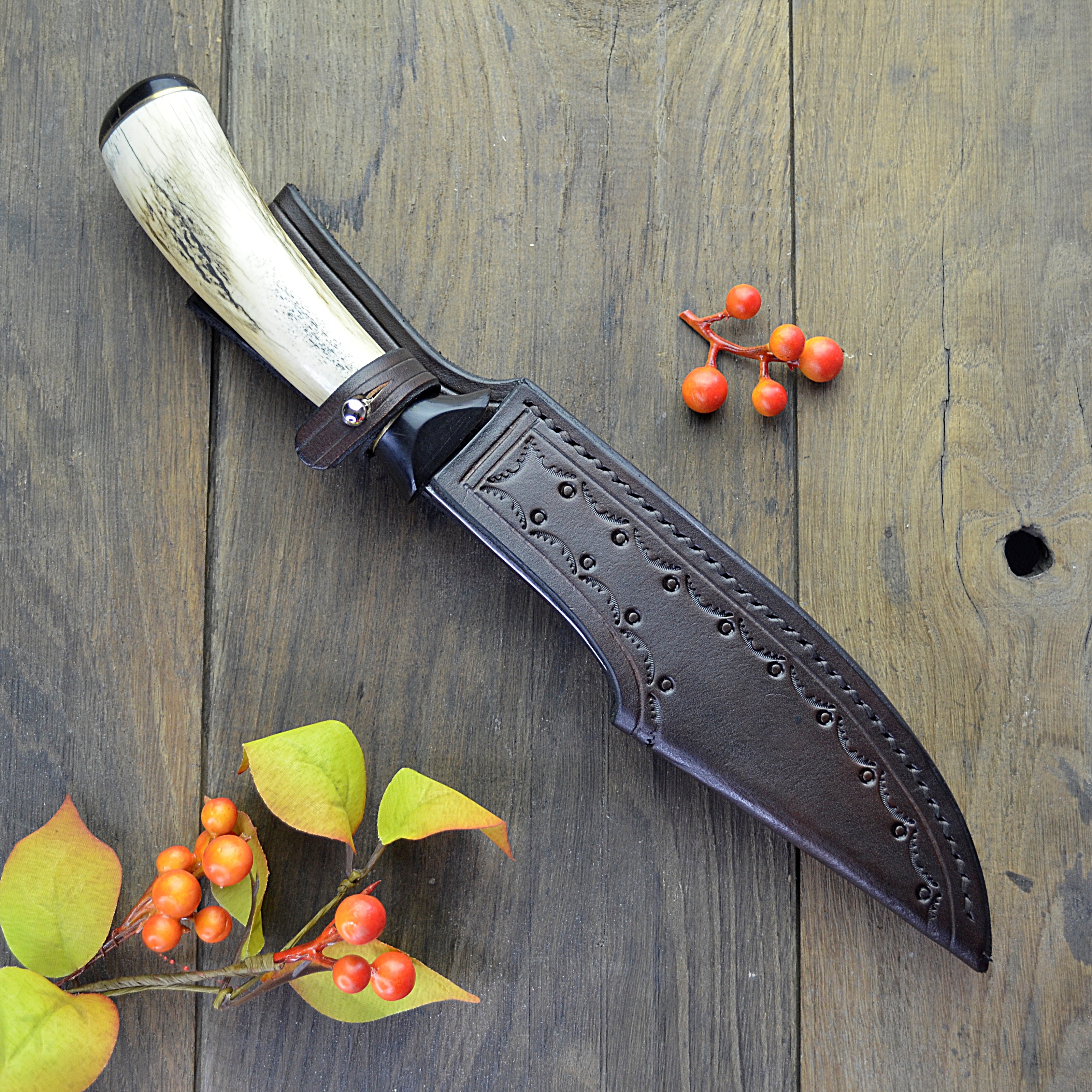 Custom Bowie Hunting Knife Hand Forged Stag Handle